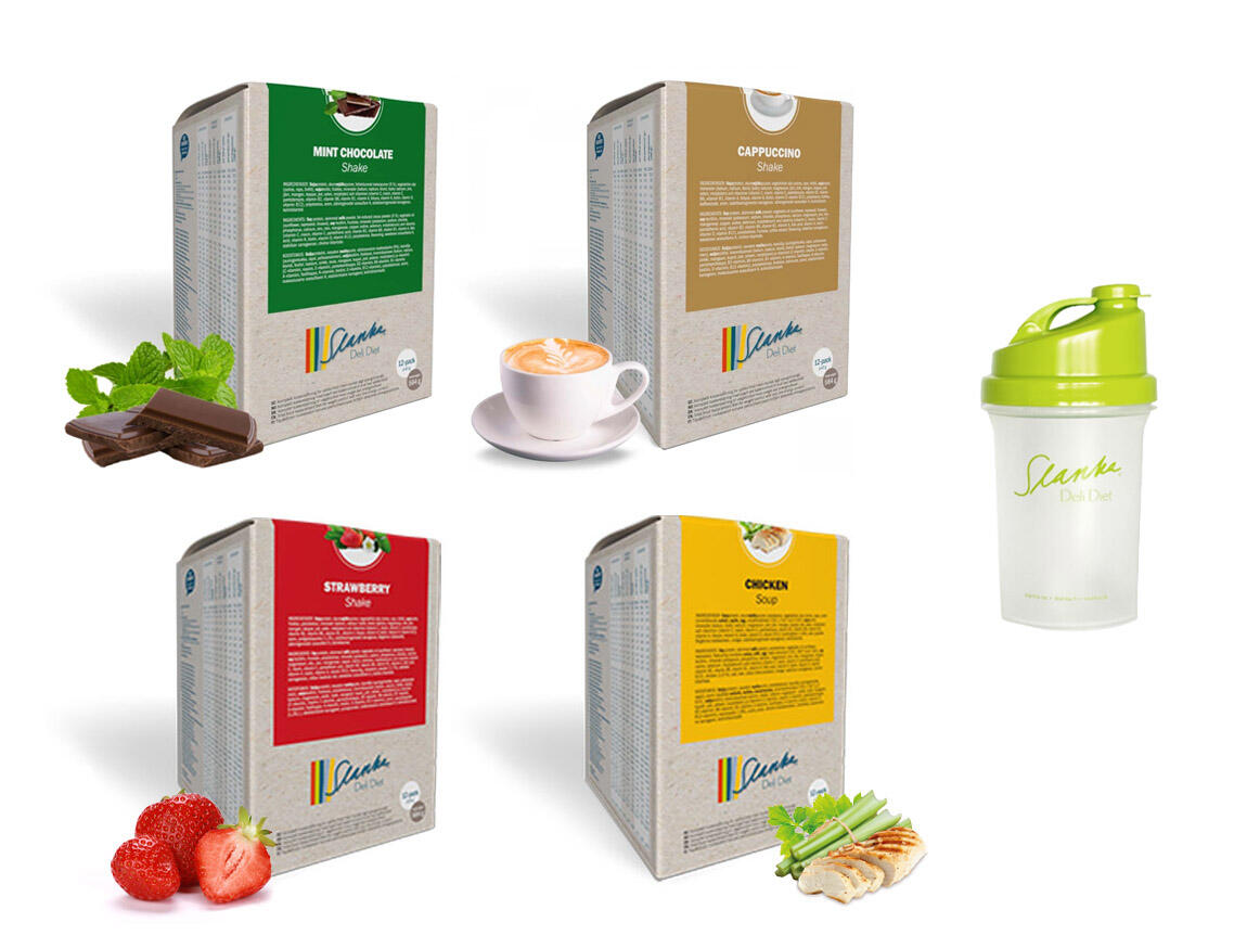 Startpaket Slanka Shake Mintchoklad, Cappuccino, Jordgubb, Kyckling 48 VLCD + 1 grön Shaker